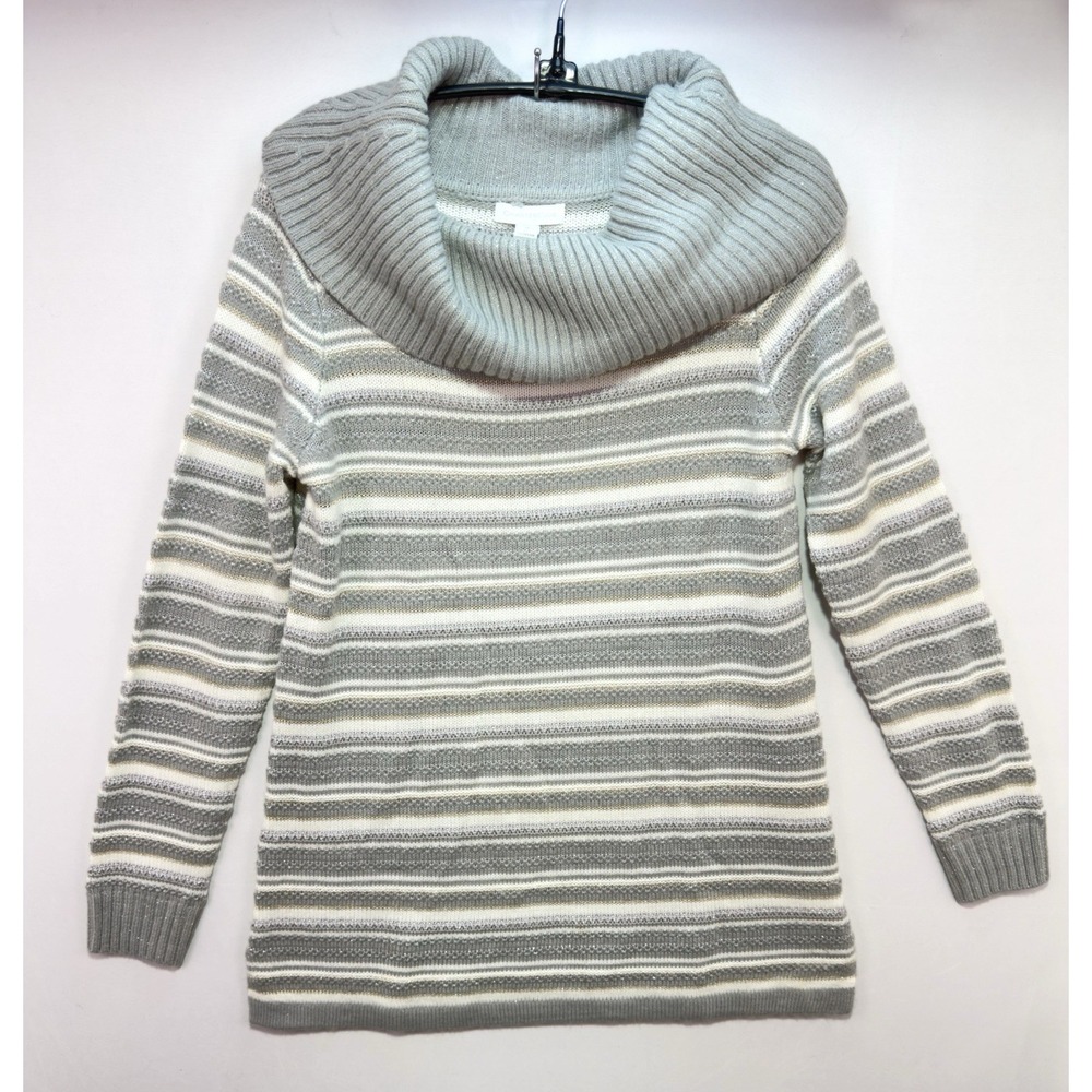 Charter Club Women's Striped Sweater Sz M Gray White‎ Cowl Neck Fall Basic